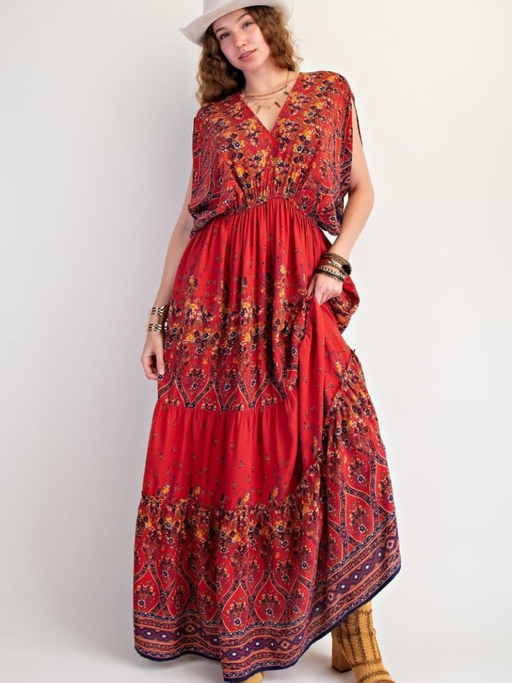"The Marsha" Red Boho Floral Batwing Maxi Dress
